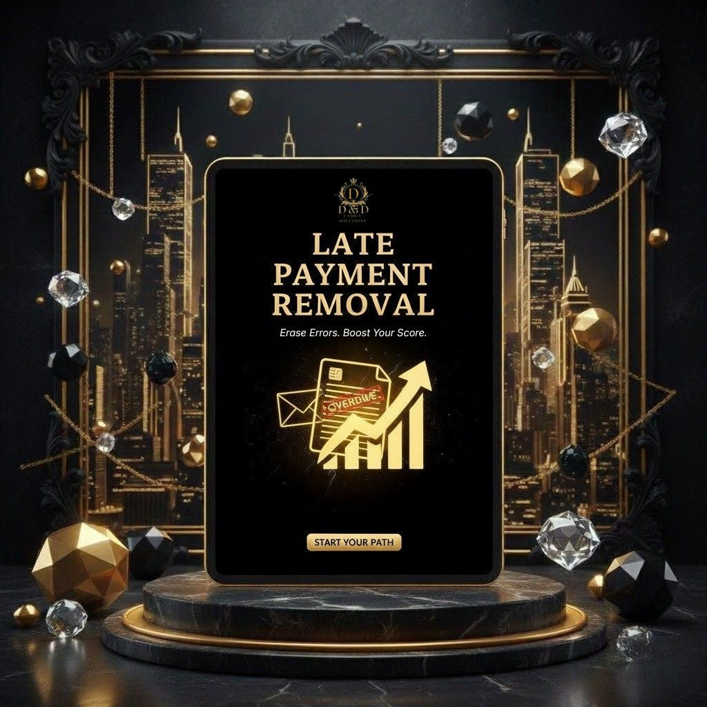 Screen displaying 'Late Payment Removal' with decorative elements on a dark background