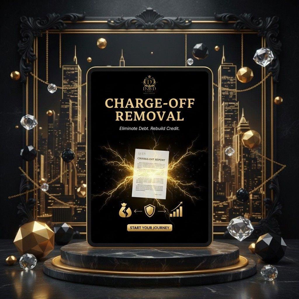 Tablet displaying 'Charge-Off Removal' with decorative elements on a dark background