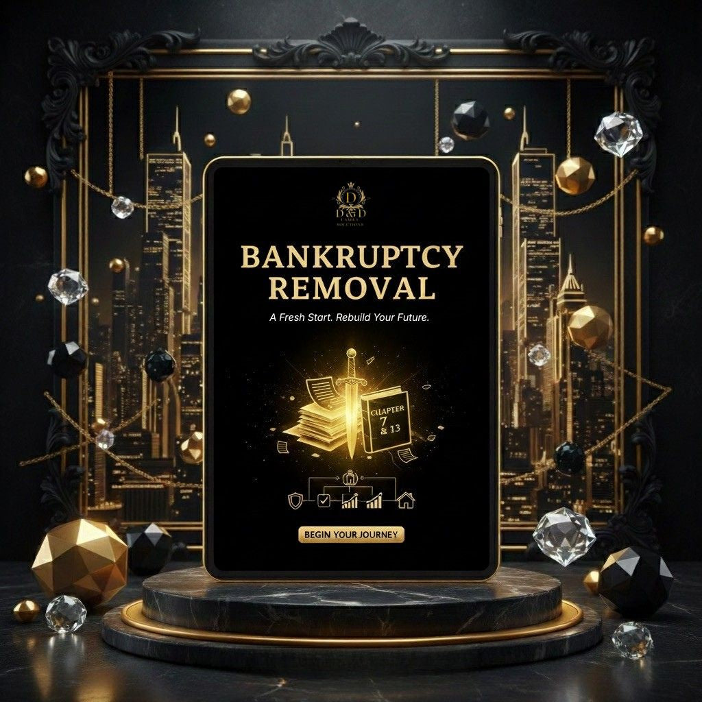 Promotional graphic for bankruptcy removal services with decorative elements on a dark background.